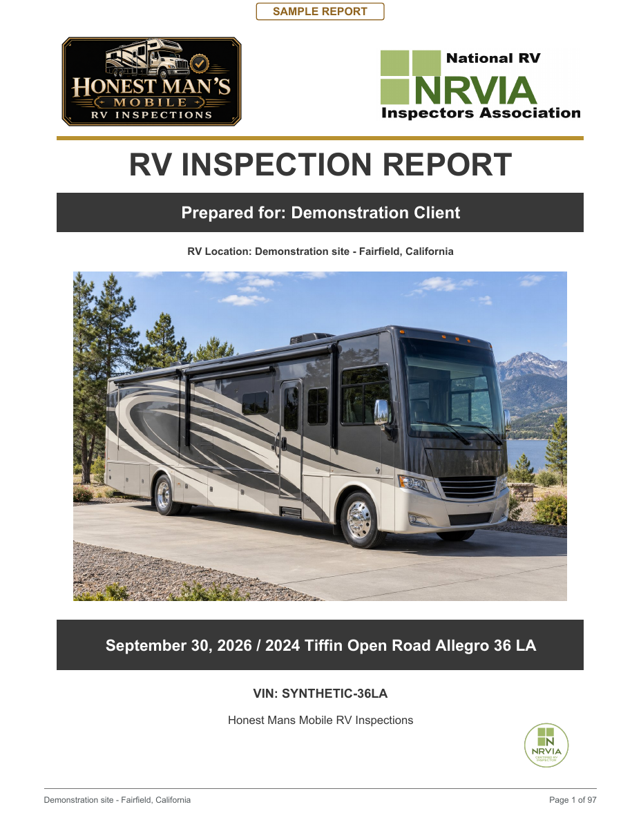 Cover of Honest Man’s 97-page Class A sample inspection report